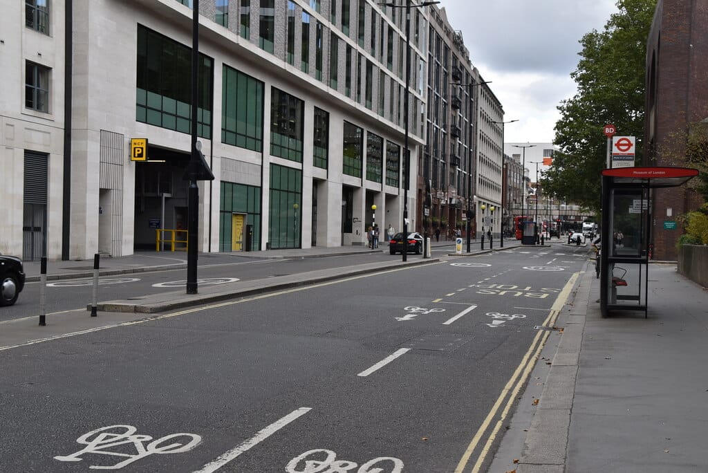 Aldersgate Street looking north, with the 160 Aldersgate office block on the left.