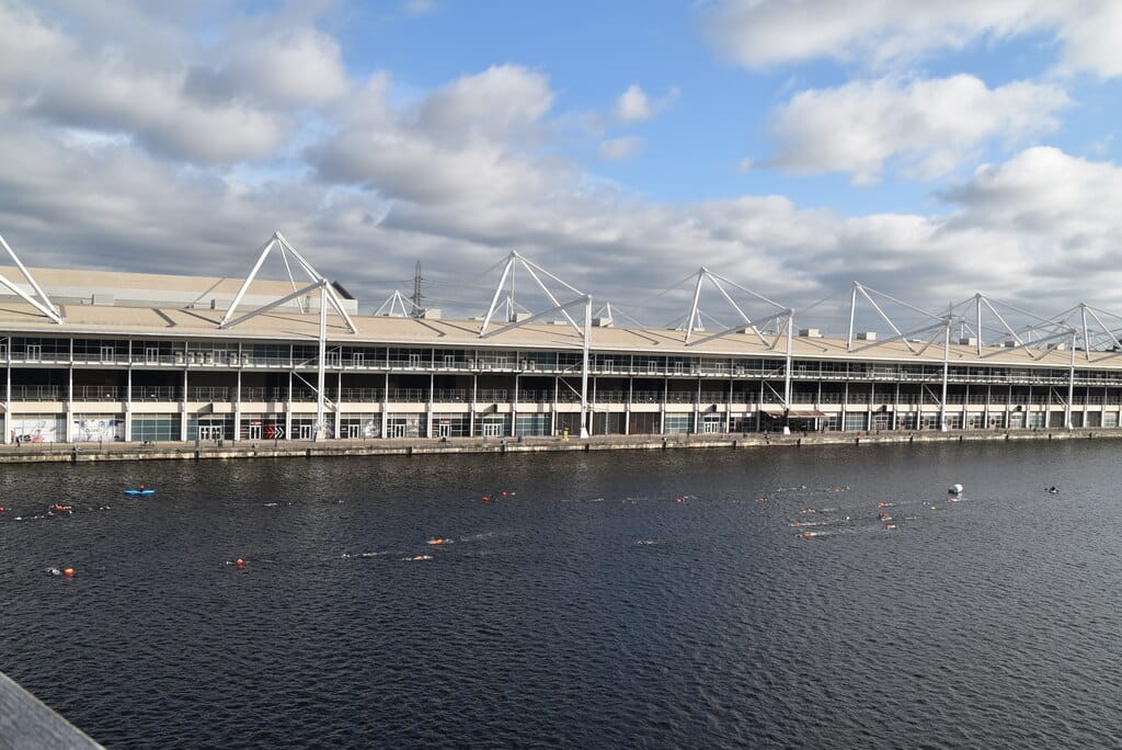 ExCeL London seen from across Royal Victoria Dock.