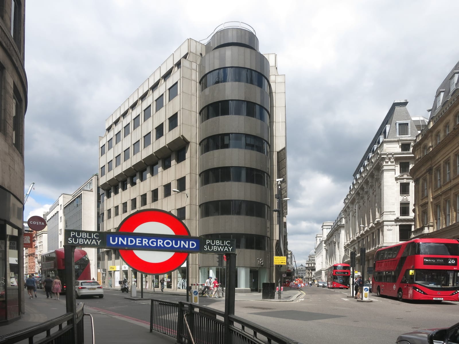 The office building at 24 King William Street above Monument station, at the junction with Cannon Street.