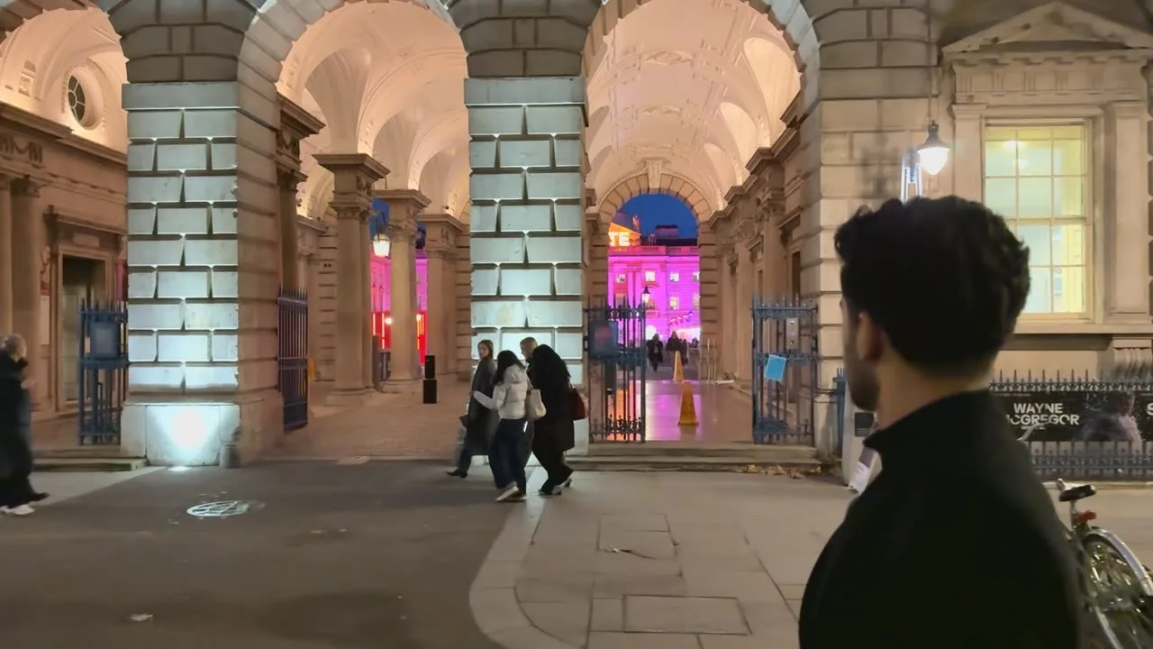 Somerset House arches lit up at night during London Life Sciences Week
