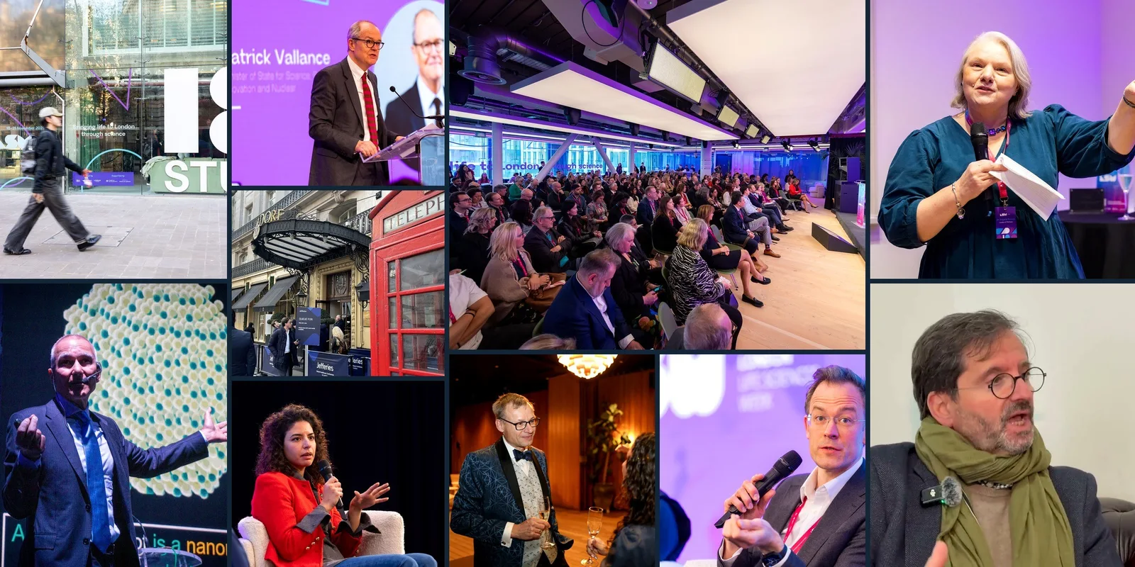 Photo collage of London Life Sciences Week audiences and speakers, the Waldorf entrance, and Onyx interviews and events.